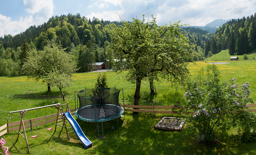 Die Aussicht von ihrer Ferienwohnung über die Wiese und unseren Garten